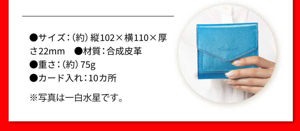 ●サイズ：（約）縦102×横110×厚さ22mm●材質：合成皮革 ●重さ：（約）75g ●カード入れ：10カ所 ※写真は一白水星です。