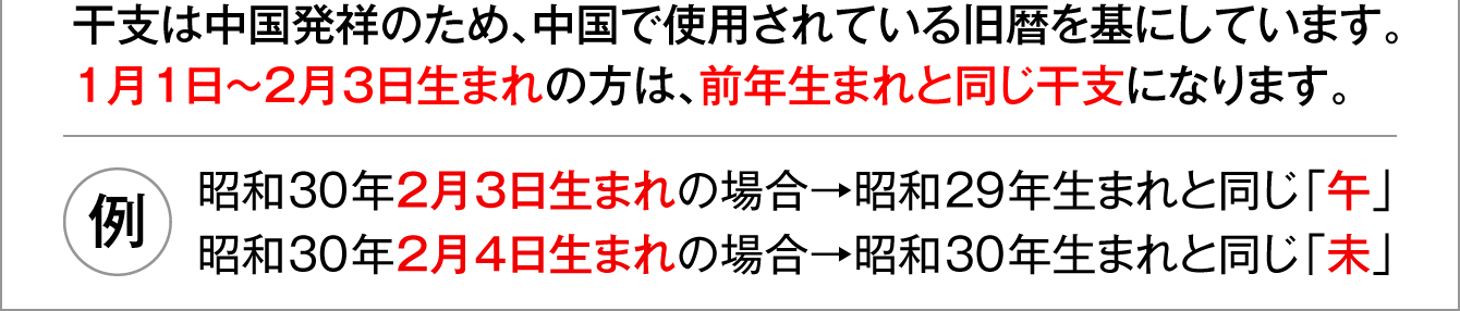 干支は中国発祥のため、中国で使用されている旧暦を基にしています。１月１日～２月３日生まれの方は、前年生まれと同じ干支になります。（例：昭和30年２月３日生まれの場合→昭和29年生まれと同じ「午」／昭和30年２月４日生まれの場合→昭和30年生まれと同じ「未」）