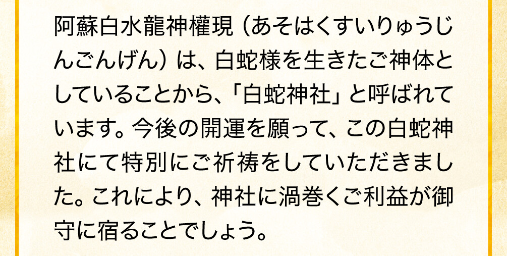 阿蘇白水龍神權現（あそはくすいりゅうじんごんげん）は、白蛇様を生きたご神体としていることから、「白蛇神社」と呼ばれています。今後の開運を願って、この白蛇神社にて特別にご祈祷をしていただきました。これにより、神社に渦巻くご利益が御守に宿ることでしょう。