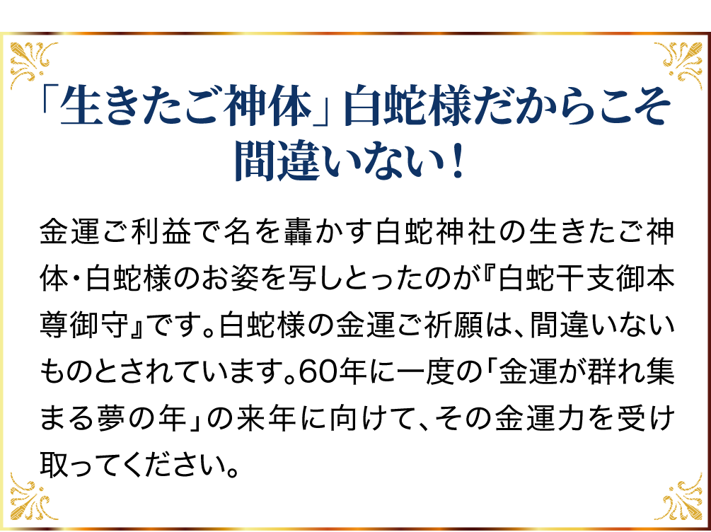 「生きたご神体」白蛇様だからこそ間違いない！金運ご利益で名を轟かす白蛇神社の生きたご神体・白蛇様のお姿を写しとったのが『白蛇干支御本尊御守』です。白蛇様の金運ご祈願は、間違いないものとされています。60年に一度の「金運が群れ集まる夢の年」の来年に向けて、その金運力を受け取ってください。