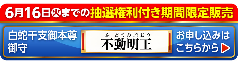 6月16日火までの抽選権利付き期間限定販売 白蛇干支御本尊御守 不動明王 お申し込みはこちらから