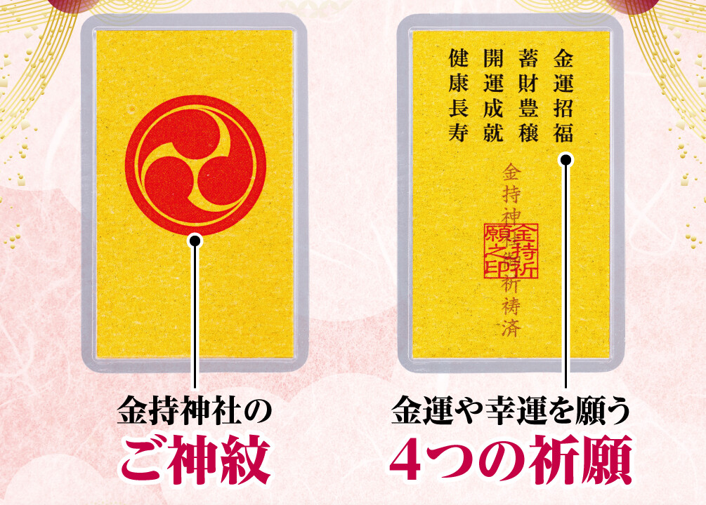 〈表面〉金持神社のご神紋〈裏面〉金運や幸運を願う4つの祈願