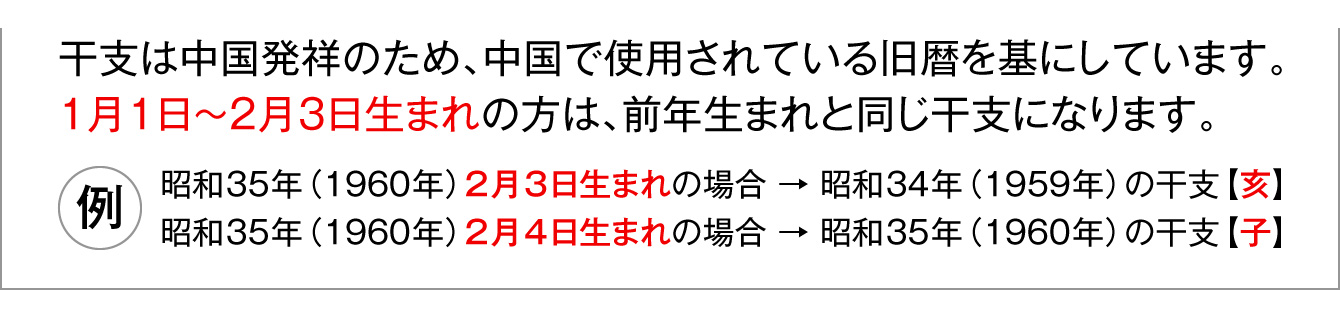 干支は中国発祥のため、中国で使用されている旧暦を基にしています。１月１日～２月３日生まれの方は、前年生まれと同じ干支になります。（例：昭和35年（1960年）2月3日生まれの場合 → 昭和34年（1959年）の干支【亥】昭和35年（1960年）2月4日生まれの場合 → 昭和35年（1960年）の干支【子】）