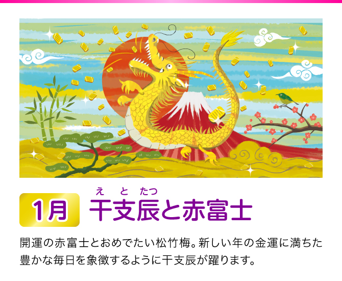 【1月：干支辰と赤富士】