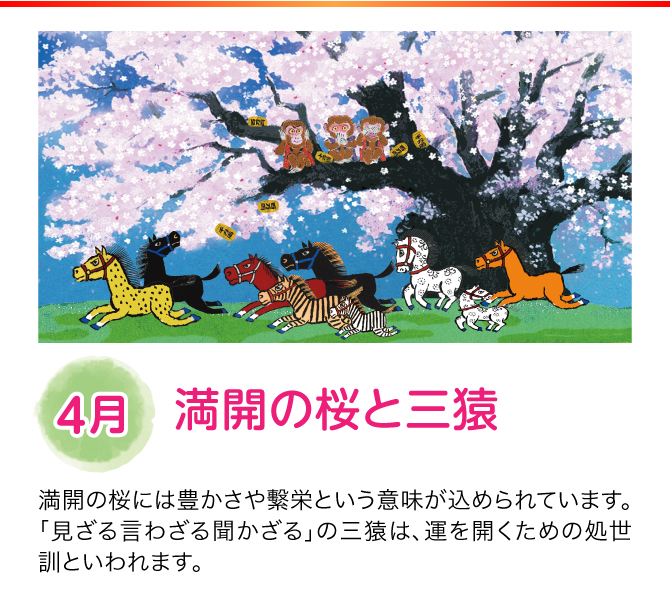 【4月：満開の桜と三猿】
