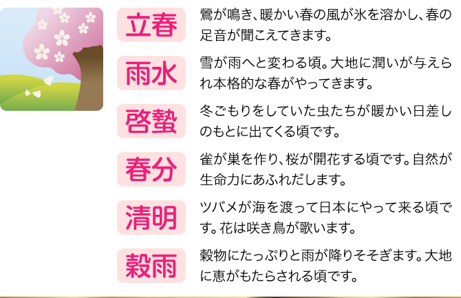 【立春】鶯が鳴き、暖かい春の風が氷を溶かし、春の足音が聞こえてきます。／【雨水】雪が雨へと変わる頃。大地に潤いが与えられ本格的な春がやってきます。／【啓蟄】冬ごもりをしていた虫たちが暖かい日差しのもとに出てくる頃です。／【春分】雀が巣を作り、桜が開花する頃です。自然が生命力にあふれだします。／【清明】ツバメが海を渡って日本にやって来る頃です。花は咲き鳥が歌います。／【穀雨】穀物にたっぷりと雨が降りそそぎます。大地に恵がもたらされる頃です。