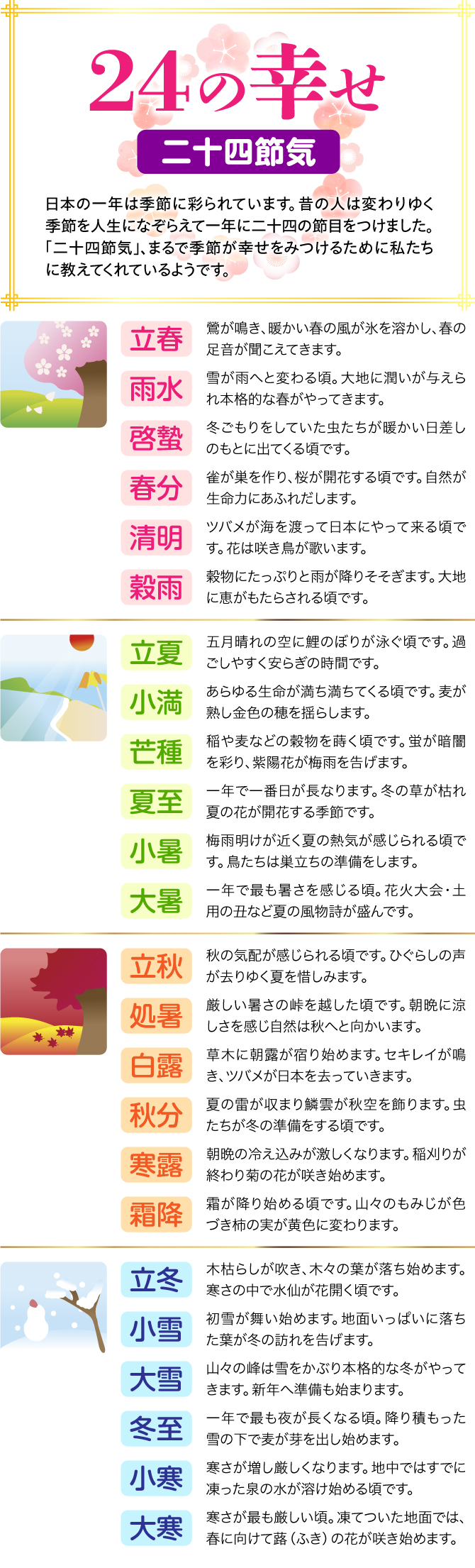 【24の幸せ 二十四節気】日本の一年は季節に彩られています。昔の人は変わりゆく季節を人生になぞらえて一年に二十四の節目をつけました。「二十四節気」、まるで季節が幸せをみつけるために私たちに教えてくれているようです
