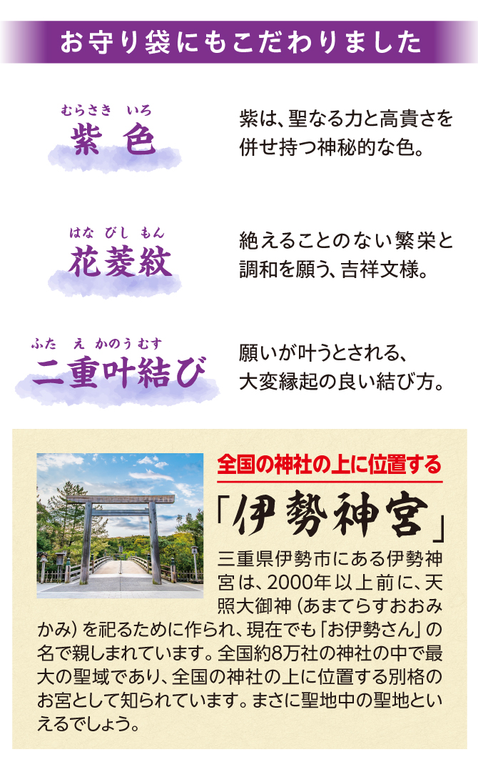 お守り袋にもこだわりました。紫色・花菱紋・二重叶結び