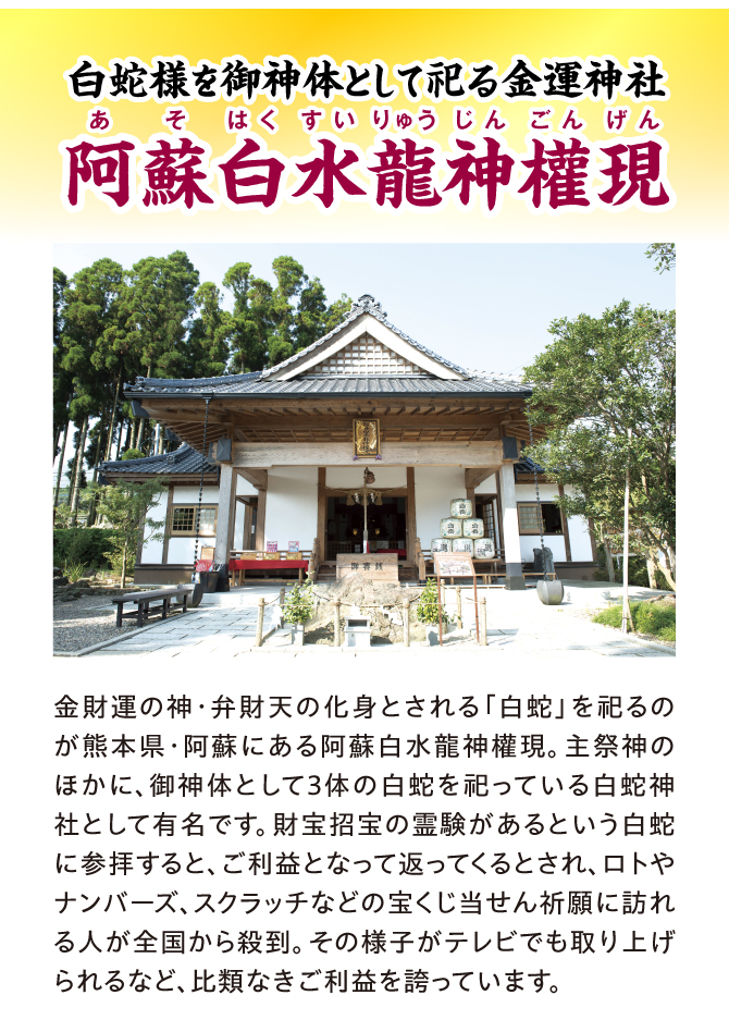 金財運の神・弁財天の化身とされる「白蛇」を祀るのが熊本県・阿蘇にある阿蘇白水龍神權現。主祭神のほかに、御神体として３体の白蛇を祀っている白蛇神社として有名です。財宝招宝の霊験があるという白蛇に参拝すると、ご利益となって返ってくるとされ、ロトやナンバーズ、スクラッチなどの宝くじ当せん祈願に訪れる人が全国から殺到。その様子がテレビでも取り上げられるなど、比類なきご利益を誇っています。