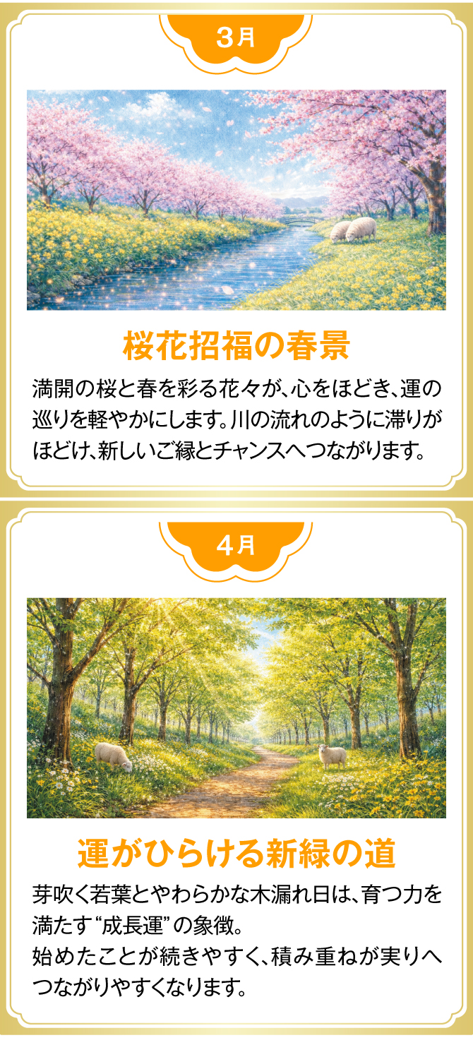 【3月：桜花招福の春景】【4月：運が開ける新緑の道】