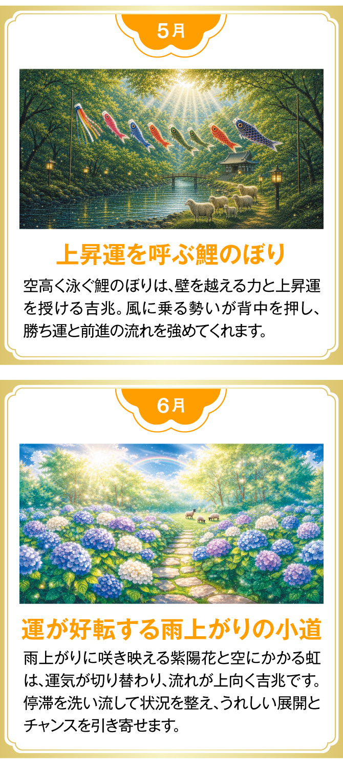 【5月：上昇運を呼ぶ鯉のぼり】【6月：運が好転する雨上がりの小道】
