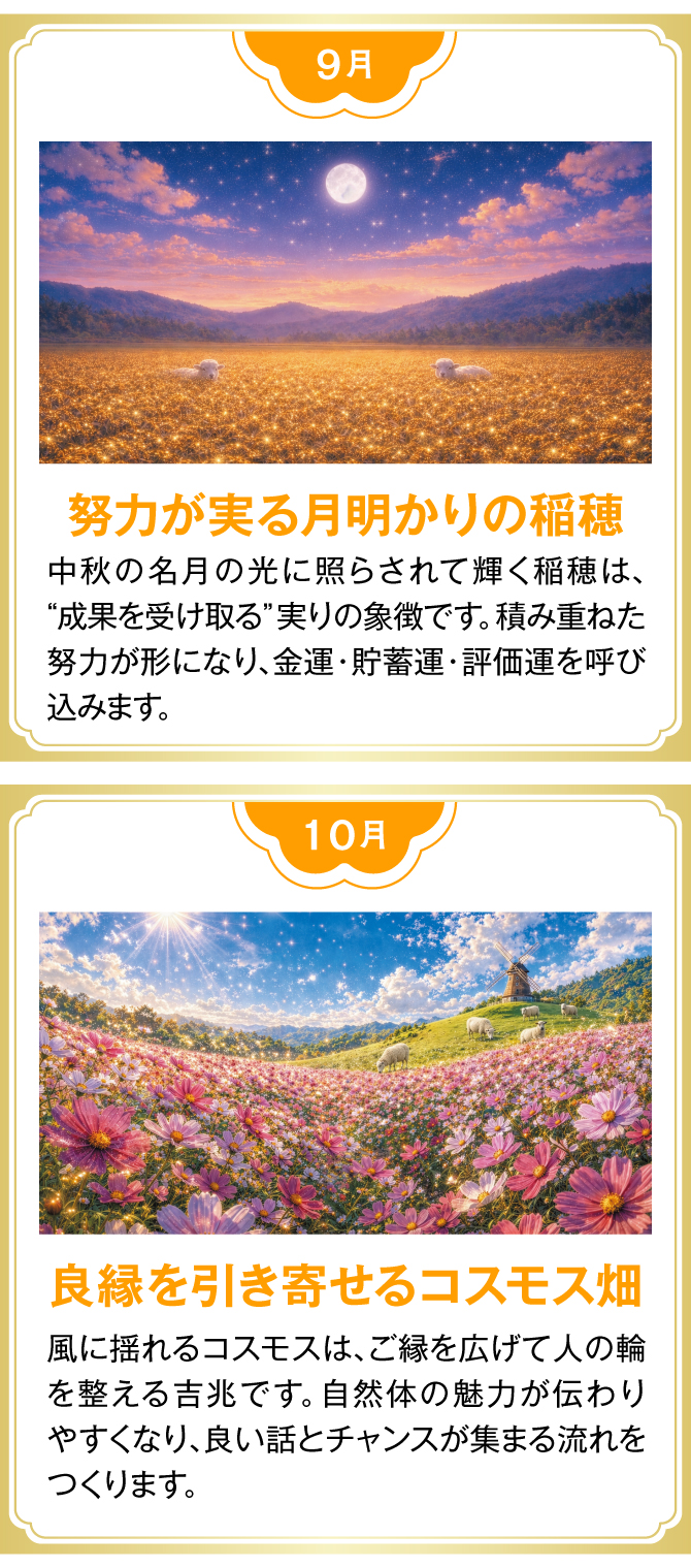 【9月：努力が実る月明かりの稲穂】【10月：良縁を引き寄せるコスモス畑】