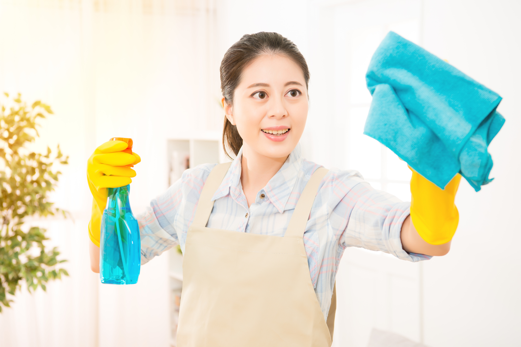 young housewife woman mother cleaning living room window and smiling at home. mixed race asian chinese model.